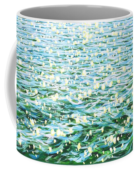 Glare Coffee Mug featuring the painting Glare in emerald water. by Iryna Kastsova