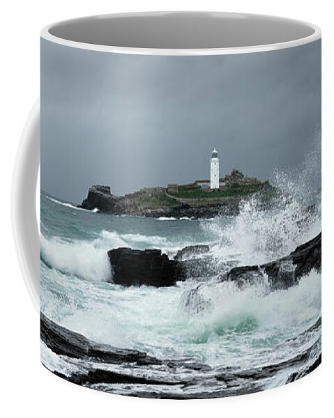 Devon Coffee Mug featuring the photograph Godrevy Lighthouse Storm Waves Cornwal South west coast path by Sonny Ryse