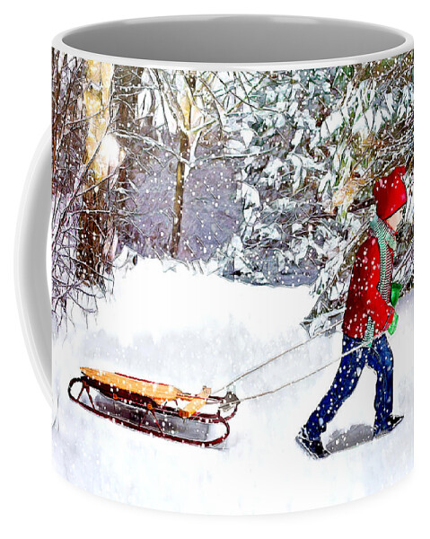 Boy Coffee Mug featuring the digital art Going Sledding by Pennie McCracken