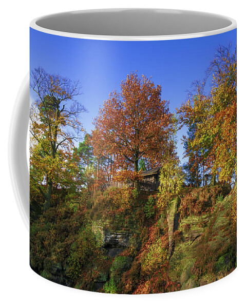 Saxon Switzerland Coffee Mug featuring the photograph Golden autumn on Neurathen Castle by Sun Travels