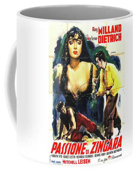 Synopsis Coffee Mug featuring the mixed media ''Golden Earrings'', 1947 by Movie World Posters