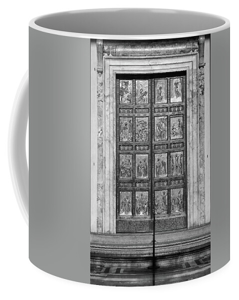 Holy Door Coffee Mug featuring the photograph Golden Friezes of the Holy Door in Vatican City Rome Italy Black and White by Shawn O'Brien