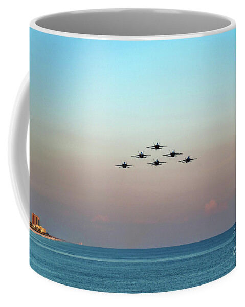 Blue Coffee Mug featuring the photograph Golden Hour Blue Angels Flyby by Beachtown Views