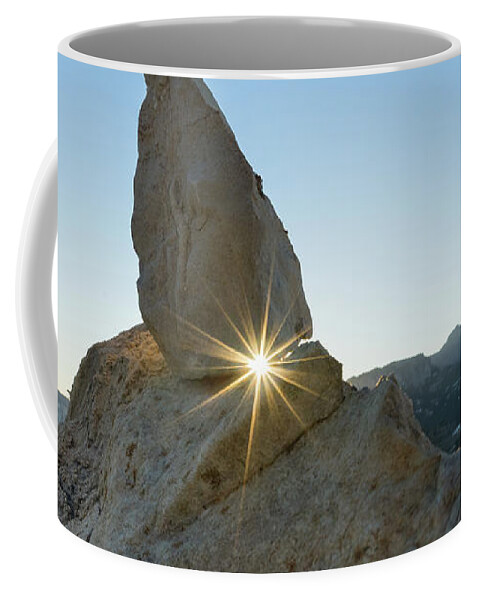 Mountain Landscape Coffee Mug featuring the photograph Golden sunbeams, rocks and blue sky by Adriana Mueller