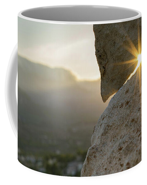 Mountains Coffee Mug featuring the photograph Golden sunlight and rock at sunset by Adriana Mueller