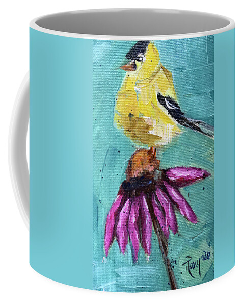 Goldfinch Coffee Mug featuring the painting Goldfinch on a Coneflower by Roxy Rich