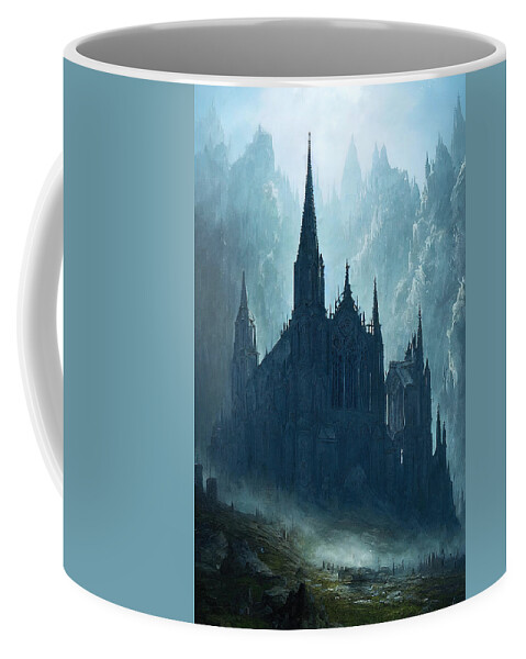 Panorama Coffee Mug featuring the painting Gothic Cathedral among the mountains, 05 by AM FineArtPrints