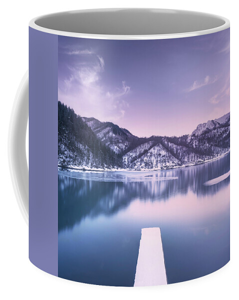 Lake Coffee Mug featuring the photograph Gramolazzo iced lake and snowy pier in Apuan mountains. by Stefano Orazzini