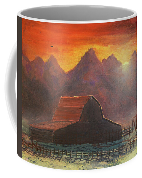 Grand Teton Coffee Mug featuring the painting Grand Teton and Moulton Barn Sunset by Chance Kafka