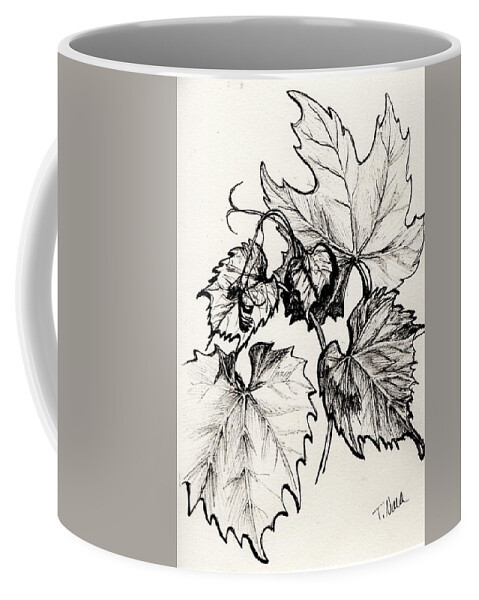 Black And White Coffee Mug featuring the drawing Grape Leaves in Ink by Tammy Nara