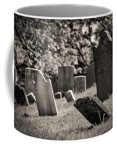 Grave Yard Tomb Stones Trees B&w Coffee Mug featuring the photograph Grave Yard3 by John Linnemeyer
