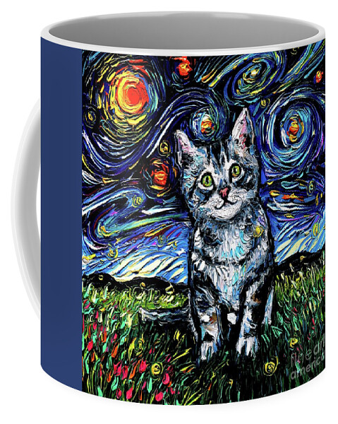 Gray Tabby Kitten Coffee Mug featuring the painting Gray Tabby Kitten Night by Aja Trier