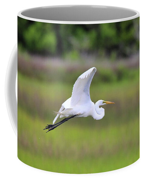 Great Egret Coffee Mug featuring the photograph Great Egret In Flight by Scott Burd