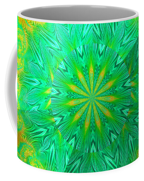 Green And Orange Fractal Kaleidoscope Mandala Star Under Glass Abstract Coffee Mug featuring the digital art Green and Orange Fractal Kaleidoscope Mandala Star Under Glass Abstract by Rose Santuci-Sofranko
