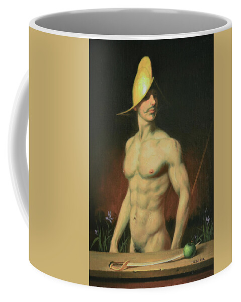 Male Nude Coffee Mug featuring the painting Green apple and Sabre by Hongtao Huang