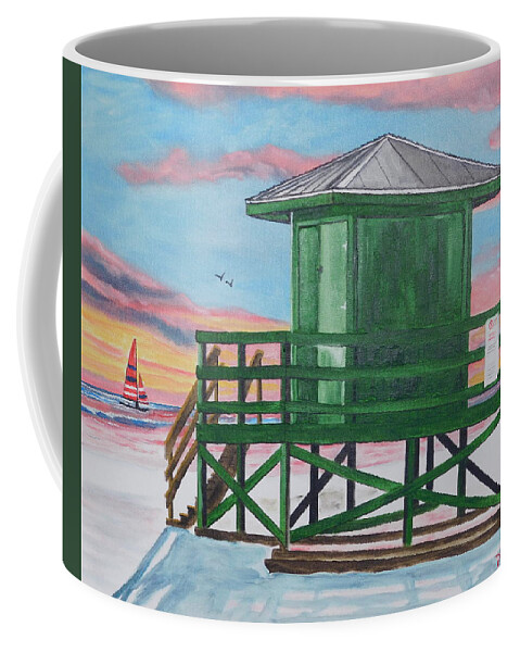 Siesta Key Coffee Mug featuring the painting Green Lifeguard Stand On Siesta Key Beach by Lloyd Dobson