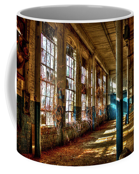 Reid Callaway Outside Coming In Coffee Mug featuring the photograph Greensboro GA Mary Leila Cotton Mill Vines Of Time Historic Architectural Art by Reid Callaway
