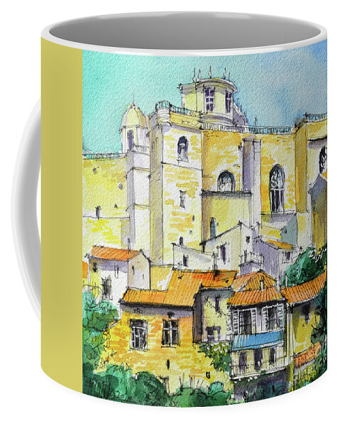 Grignan Coffee Mug featuring the painting GRIGNAN VILLAGE PROVENCE FRANCE watercolor painting Mona Edulesco by Mona Edulesco