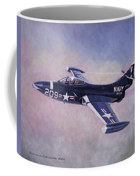 Flying Coffee Mug featuring the painting Grumman F-9F Panther by Douglas Castleman