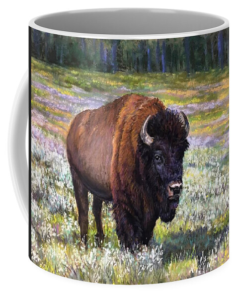 Bison Coffee Mug featuring the pastel Guard Duty by Lee Tisch Bialczak