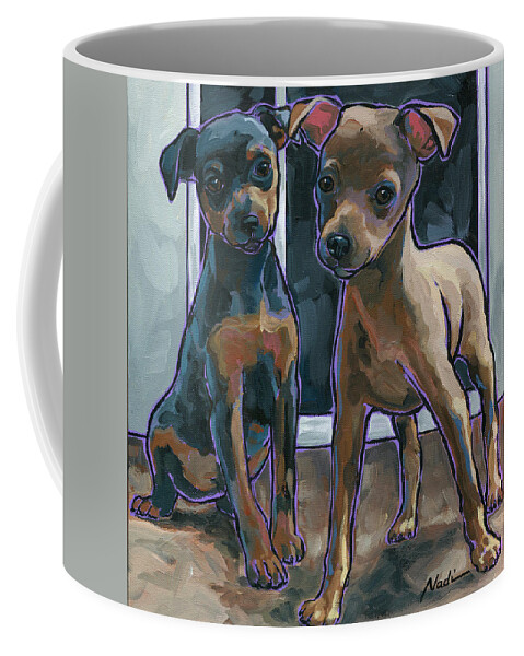 Miniature Pinscher Coffee Mug featuring the painting Guinness and Bailey by Nadi Spencer