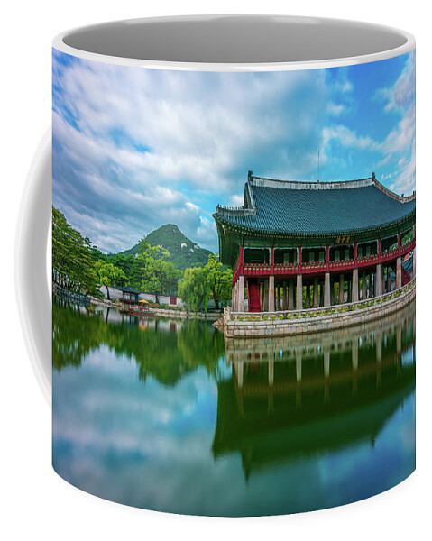 Ancient Coffee Mug featuring the digital art Gyeongbokgung Pavilion by Kevin McClish