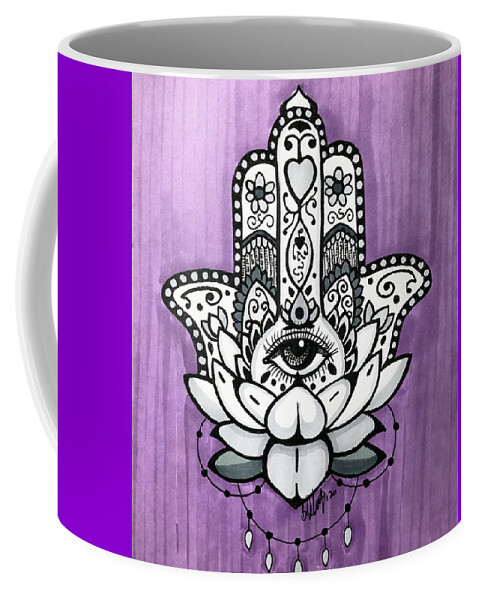 Hamsa Coffee Mug featuring the drawing Hamsa on Purple by Creative Spirit