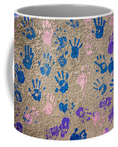 Hand Prints Coffee Mug featuring the photograph Hand Prints - Painted Hands on Concrete - Abstract by Gary Whitton