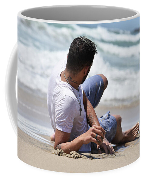 Man Coffee Mug featuring the photograph Handsome man vacationing at the beach stock photo by Mark Stout