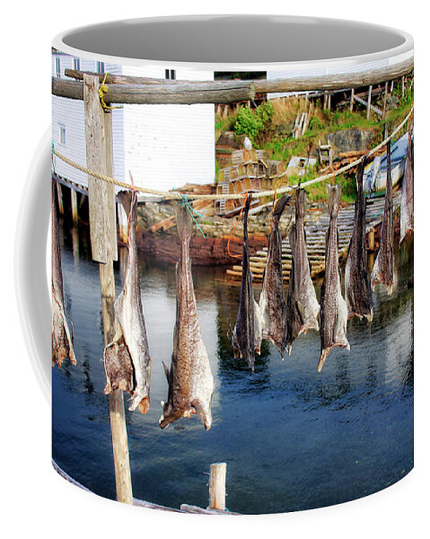Fish Coffee Mug featuring the photograph Hanging fish to dry in Salvage Newfoundland by Tatiana Travelways
