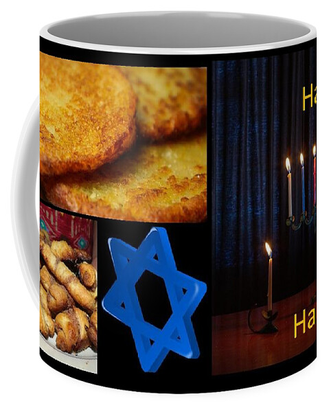 Hanukkah Coffee Mug featuring the mixed media Happy Hanukkah Food by Nancy Ayanna Wyatt