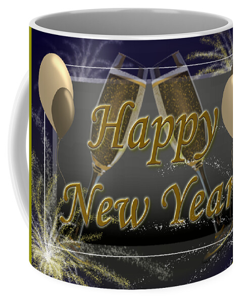 Happy New Year Coffee Mug featuring the digital art Happy New Year Yellow Fireworks and Gold Balloons on Dark Blue and Gray by Delynn Addams