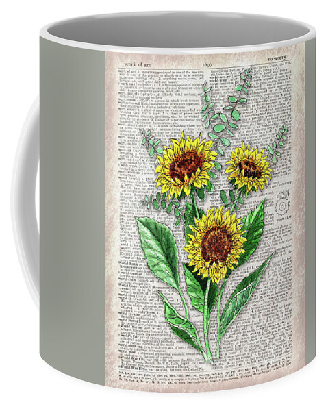 Dictionary Coffee Mug featuring the painting Happy Sunflowers Dictionary Page Watercolor Artwork by Irina Sztukowski