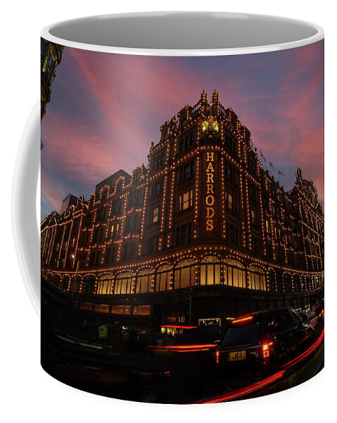 Christmas Coffee Mug featuring the photograph Harrods at sunset by Andrew Lalchan