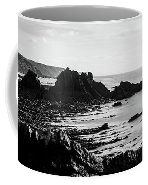 Coast Coffee Mug featuring the photograph Hartland Quay North Devon south west coast path black and white by Sonny Ryse