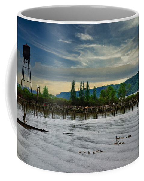 Hudson Coffee Mug featuring the photograph Hastings on Hudson Water Tower Ducks and Eagle by Russ Considine
