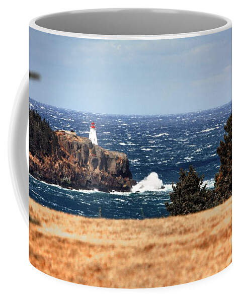 Boars Head Lighthouse The Bay Of Fundy Storm Gale Sea Ocean Waves Rocks Windy Waves Rough Petit Passage Ferry Coffee Mug featuring the photograph Head Land by David Matthews