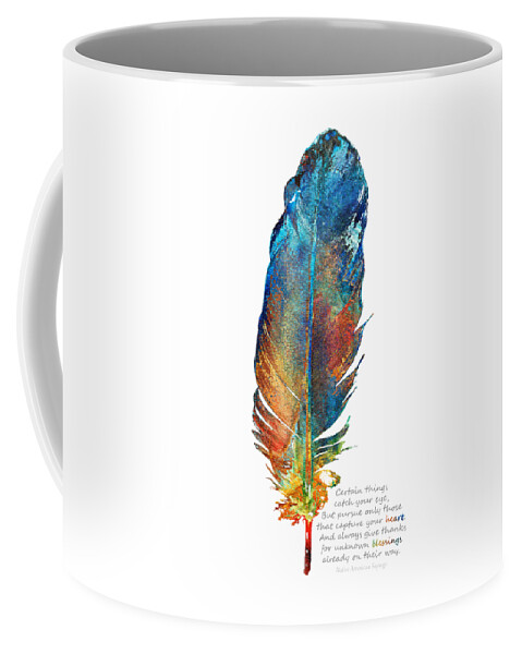Feather Coffee Mug featuring the painting Heart Blessings - Native American Colorful Feather Art - Sharon Cummings by Sharon Cummings