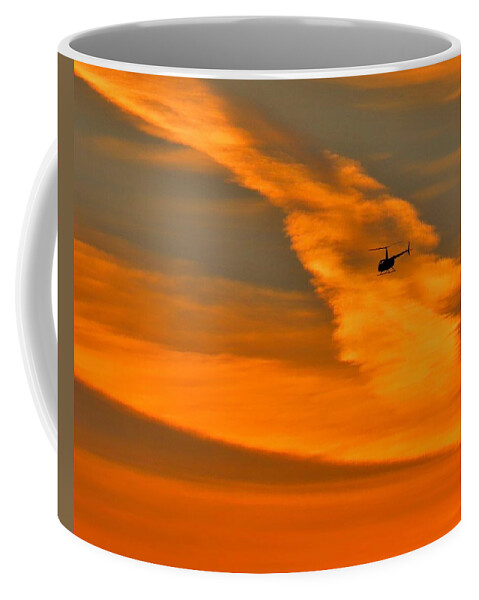 Helicopter Coffee Mug featuring the photograph Helicopter Approaching at Sunset by Linda Stern