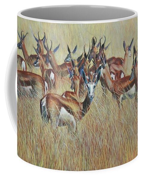 Springbok Coffee Mug featuring the painting Herd of Springbok by John Neeve