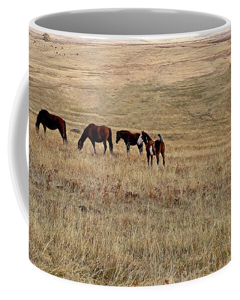 Horses Coffee Mug featuring the photograph Herd on a Hill with High-Tailed Colt by Tracey Vivar