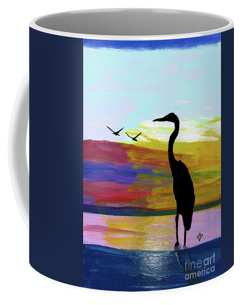 Sunset Coffee Mug featuring the painting Heron On The Lake Sunset by D Hackett