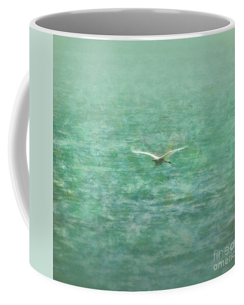 Heron Coffee Mug featuring the painting Heron over lake by Alexa Szlavics