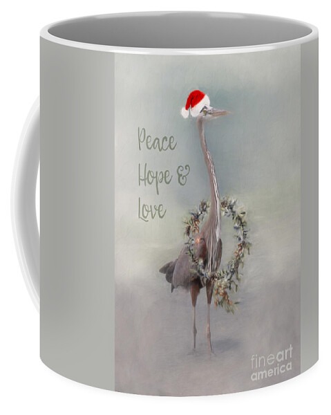 Holiday Heron Coffee Mug featuring the digital art Heron Peace Hope Love by Jayne Carney