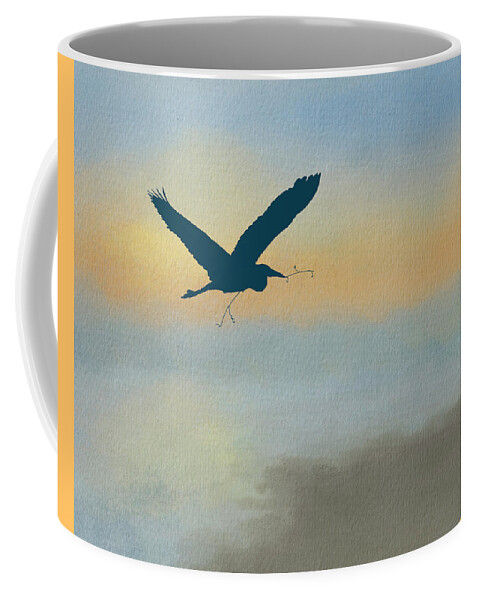 Great Blue Heron Coffee Mug featuring the mixed media Heron Silhouette Flight on Watercolor Background by Patti Deters