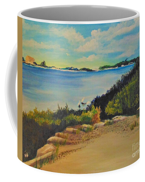 Landscape Coffee Mug featuring the painting Herons at Waterfront Park by Saundra Johnson