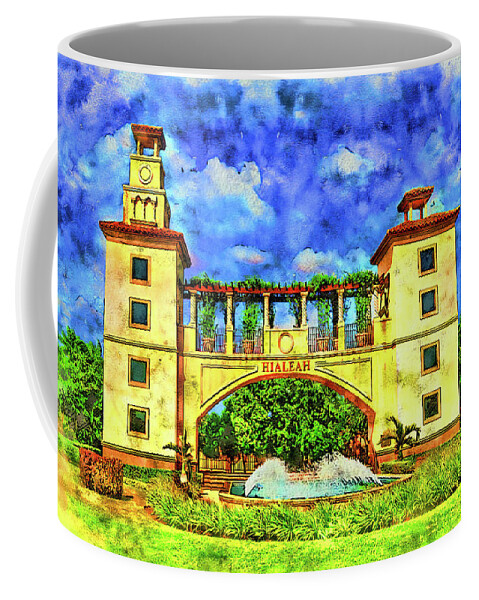 Hialeah Fountain Coffee Mug featuring the digital art Hialeah Fountain and Entrance Plaza Park - pen and watercolor by Nicko Prints