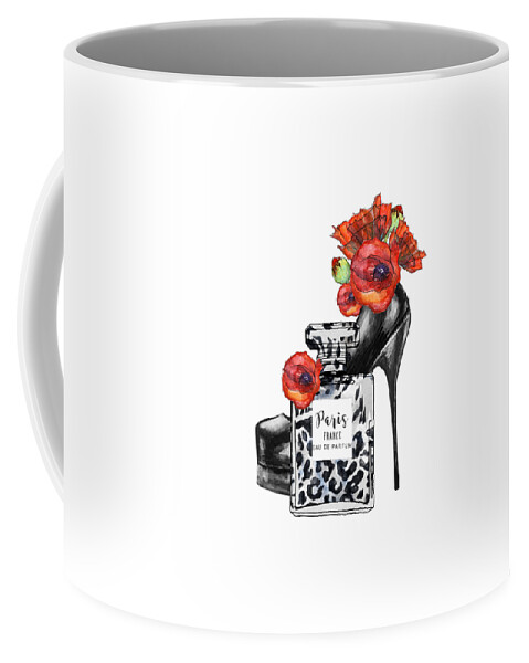 High heel shoe with leopard print perfume bottle and poppies Coffee Mug