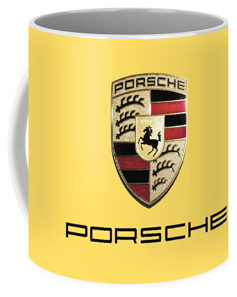 Porsche Shield Coffee Mug featuring the photograph High Res Quality Porsche Emblem - Logo Isolated on Colorful Background by Stefano Senise Fineart