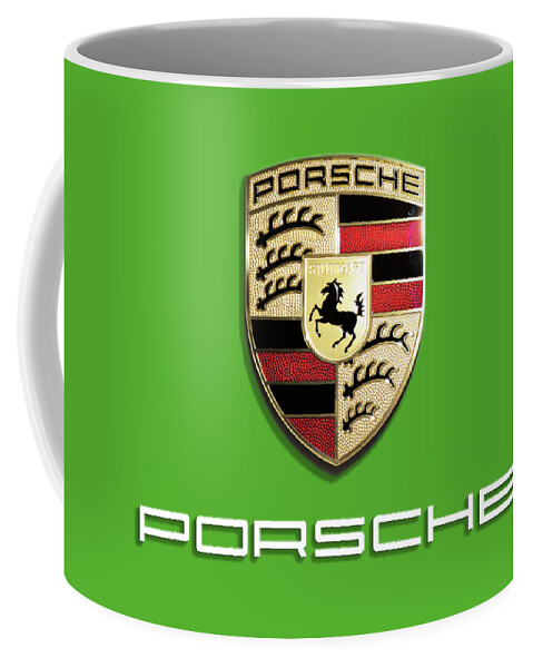 Porsche-logo Coffee Mug featuring the photograph High Res Quality Porsche Logo - Hood Emblem Isolated on Colorful Red Background by Stefano Senise